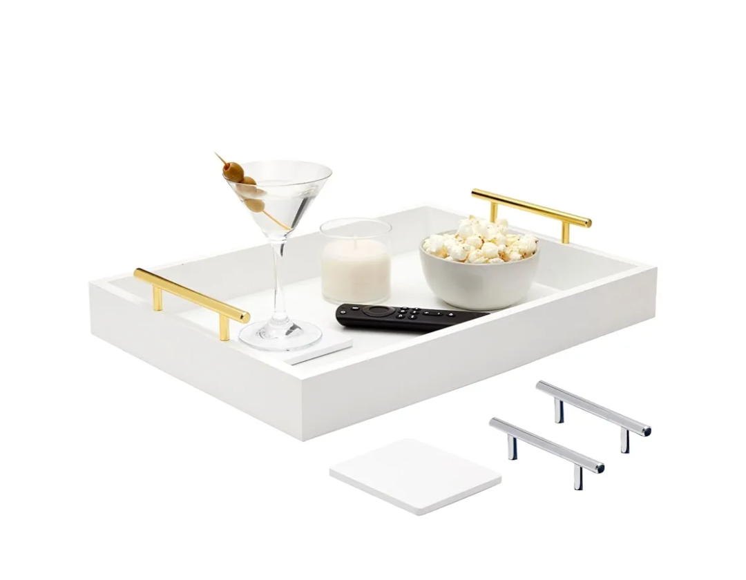 White Serving Tray with Handles and Coasters - Decorative Coffee Table Tray with Interchangeable Gold and Silver Handles, 16.57 x 12.2 x 3.1 inches