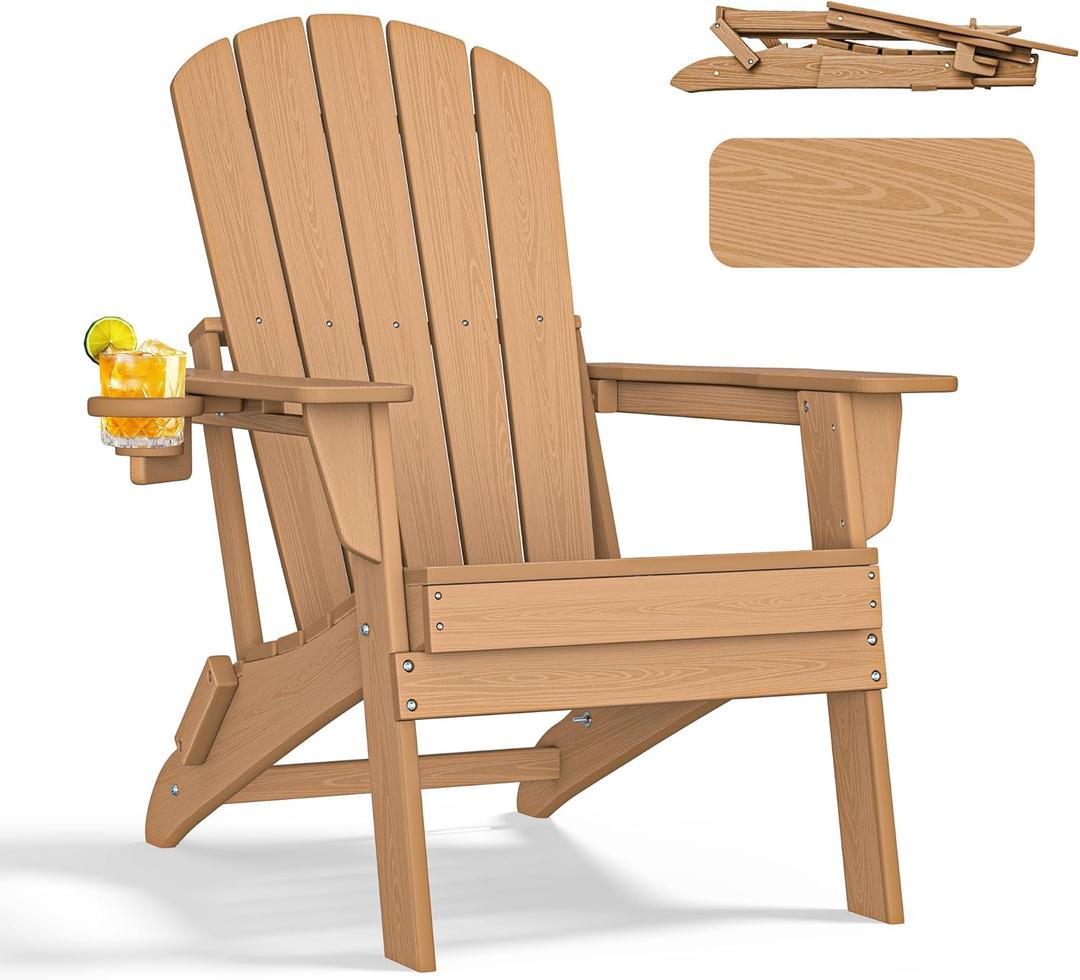 nevilywood Folding Adirondack Chair - Extended Ergonomic Backrest, Cup Holder - Easy Assembly - Durable HDPE Plastic, Weather Resistant & Maintenance-Free - Lawn, Patio, Deck Supports 380lbs,Teak (1PC)