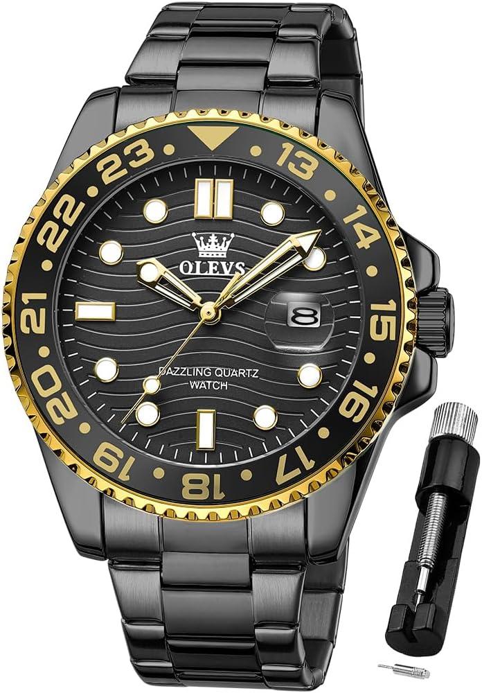 OLEVS Men Skeleton Watches Stainless Steel Analog Quartz Moon Phase Male Watch, Diamond Multi Calendar Chronograph Watch,Waterproof Wrist Watch for Men (black watches 10)