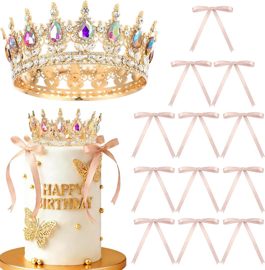 19Pcs Gold Crown Cake Topper Queen Crown Tiara for Princess Birthday Party Decor Gold Bows Crowns for Cake Decorations Queen Themed Wedding Party Supplies