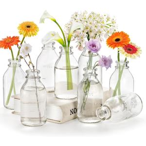 Okllen Set of 12 Glass Bud Vase, Small Milk Bottle Flower Vases Decorative Glass Bottles, Vintage Bud Vases Centerpiece for Home Decor Wedding Reception, Clear