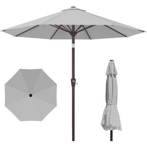 Kingdura 9FT Outdoor Patio Umbrella, Round Market Table Umbrella with Push‑Button Tilt and Crank Lift, 8 Sturdy Metal Ribs, UV50+ Protection Canopy for Backyard, Lawn, Deck, Poolside, Garden (Light grey)