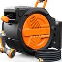 Retractable Garden Water Hose Reel 5/8” x 100ft, Auto Rewind, Heavy-Duty Wall-Mounted Outdoor Hose, 10-Mode Nozzle, Adjustable Length, 180° Rotation Bracket for Watering, Car Cleaning, Pet Washing