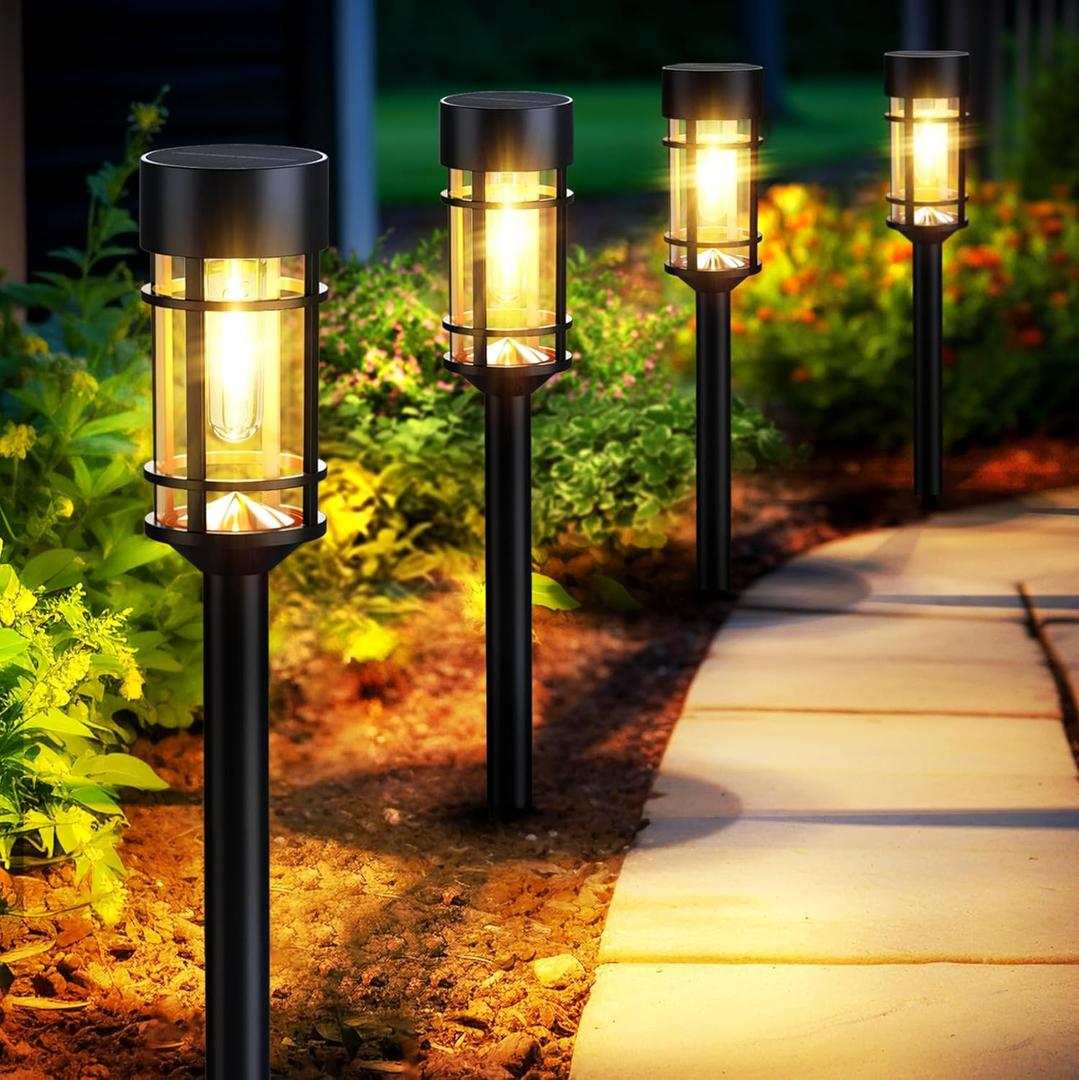 Mancra Solar Pathway Lights, 8 Pack LED Solar Lights Outdoor Waterproof, Glass Metal Garden Lighting for Yard Path Landscape Lawn Walkway Driveway, 3000K (Black)