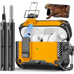 for AirPods Pro 3 Case with Phone Stand,(Automatic Snap Switch Lock) Carbon Fiber Texture Design Cover with Cleaner Kit -Yellow