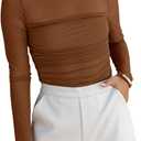 REORIA Womens Trendy Sexy Mock Turtle Neck Long Sleeve Sheer Mesh Ruched Going Out Bodysuits Tops (Brown, L)