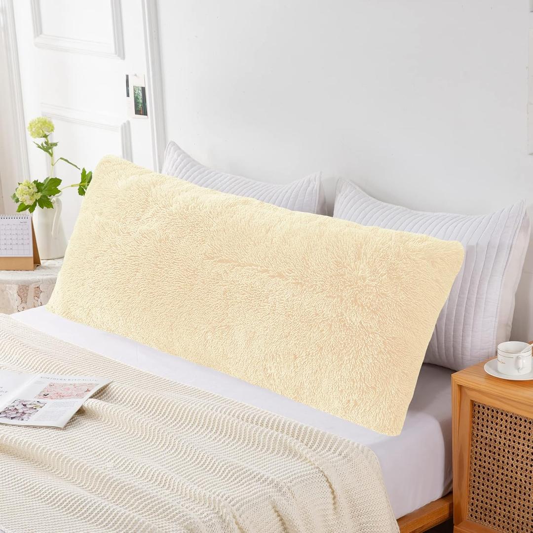 21x54 Body Pillow Cover with Zipper, Fluffy Faux Fur Big Body Pillow Case, Soft Long Plush Body Pillow Sham for Adults Side Sleeper-Beige