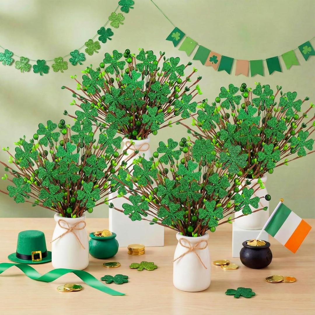Nitial 4 Pcs St. Patricks Day Decorations St. Patrick's Shamrock Picks Vase Artificial Clover Branches Berry Stems Decoration for Table Centerpiece Floral Arrangements Party Irish Vase Decor