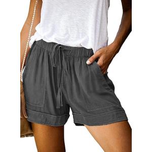 Basoteeuo Womens Shorts Summer Comfy Cotton Elastic Waist Drawstring Casual Shorts with Pockets B-Style Dark Grey M