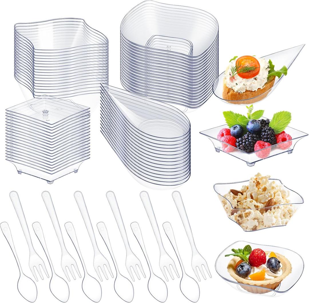 Tessco 200 Pcs Mini Appetizer Plates with Spoons Forks Disposable Mini Dessert Plates Plastic Appetizer Bowls Tiny Individual Serving Trays for Party(Clear,Classic)