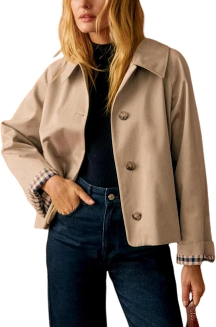 Womens Short Plaid Trench Coat Lapel Button Down Jacket with Pocket (Small, Khaki)