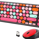 Wireless Keyboard and Mouse Combo, Retro Typewriter Keyboard with Round Keycaps, 2.4GHz USB Cute Wireless Keyboard Mouse for Computer, Desktop, Laptop and Computer (Black-Colorful)