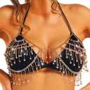 DRESBE Rhinestone Tassel Chest Chain Gold Layered Crystal Bra Chains Sexy Party Body Jewelry Accessories for Women