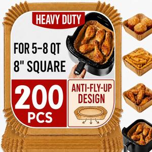 Air Fryer Liners Disposable, 8 Inch Square Parchment Paper for Air Fryer with Reusable Safety Ring, 200 Pcs Non-Stick Air Fryer Accessories