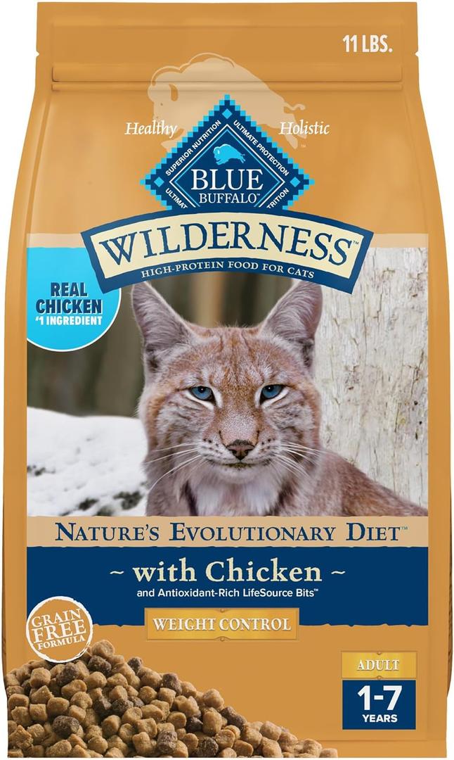 Blue Buffalo Wilderness High-Protein, Grain-Free Natural Dry Food for Adult Cats, Weight Control, Chicken, 11-lb Bag (14.67 Ounce (Pack of 12))