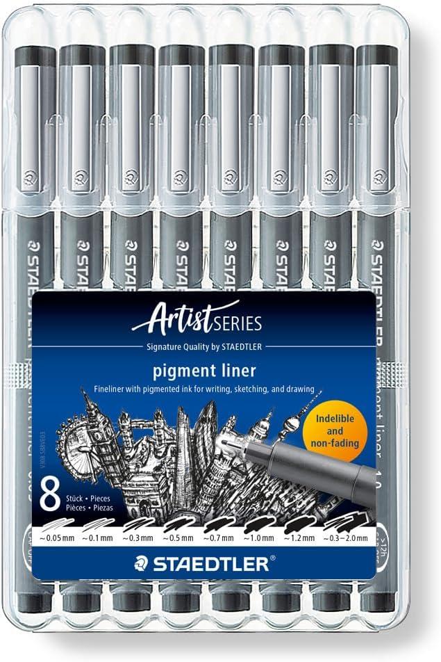 STAEDTLER 308 SB8 Pigment Liner Pens - Assorted Line Widths, Black (Set of 8)