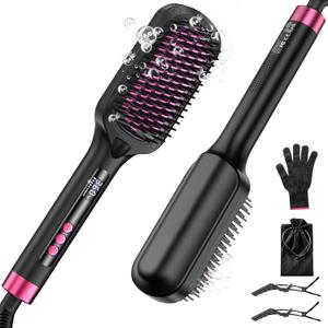 Hair Straightener Brush, 30s Fast Heated Negative Ionic Hair Straightening Brush, Global Voltage, 16 Temp Modes, Anti-Frizz & Anti-Scald & Auto Temperature Lock & Auto-Off Function-Black