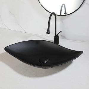 Oval Black Bathroom Vessel Sink With Faucet And Drain 26"x13" Leaf Shaped Vessel Sinks Bathoom Stone Resin Sinks Above Counter Sink Bowl Black Bowl Sinks for Bathrooms