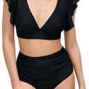 IFFEI Mommy and Me Family Matching Swimsuits Ruffle Sleeve Tie Back Womens Bathing Suit Two Piece Bikini Sets (Black, M)