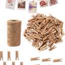 Small Clothes Pins for Photos,100PCS Mini Wooden Clothes Pins with 328 Feet Jute Twine,1.4 inch Tiny Clothes Pins for Photos,Crafts,Hanging Pictures,Baby Shower,Clip Photo Holders (Brown)