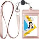 Teskyer Leather Badge Holder with Lanyard and Badge Reel, Retractable Lanyard ID Card Holder for Office School Name Work IDs, Rose Gold