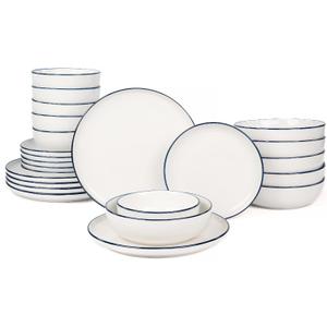 OTAGO 24-Piece Porcelain Dinnerware Set for 6, White Stoneware Plates and Bowls Sets, Ceramic Dish Set for Kitchen, Dinner & Dining, Blue Rim, Microwave & Dishwasher Safe