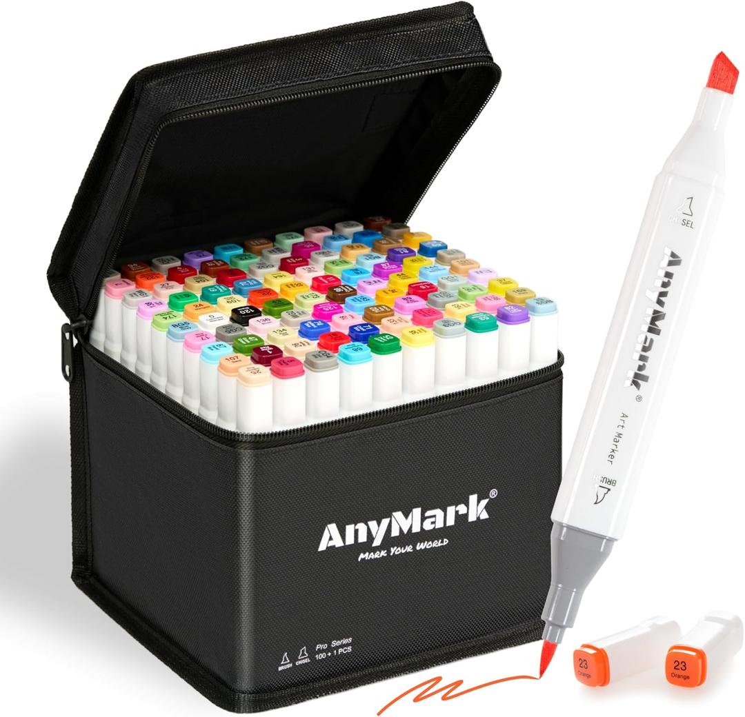 AnyMark Alcohol Markers Brush Tip, 100+1 Colors Dual Tip Brush & Chisel Alcohol-Based Art Markers Set with Case for Adult Artists Drawing Coloring