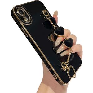 Caseative for iPhone Xr Case,Cute Plating Love Heart Wrist Strap Chain Bracelet Phone Case (Black)