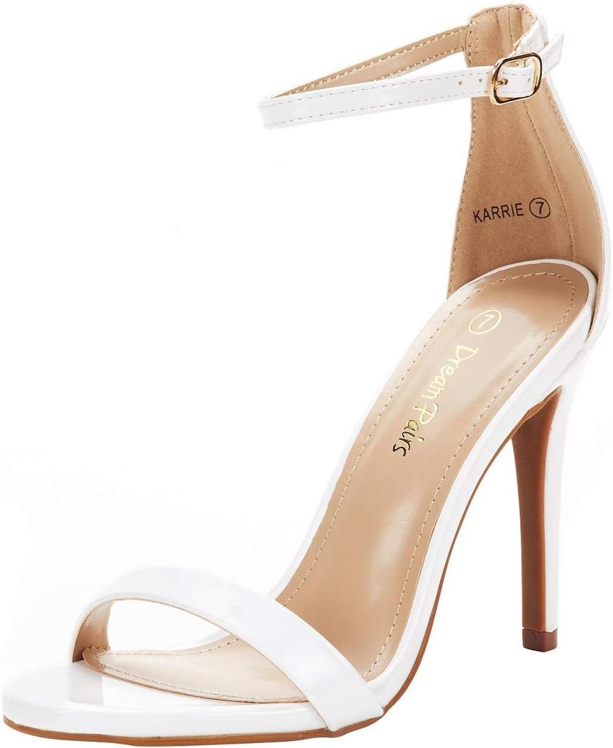 DREAM PAIRS Women's High Heels Flower Ankle Strap Stilettos Round Open Toe Dressy Sexy Sandals, Size 7.5, White/ Pat, KARRIE