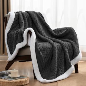 PHF Waffle Sherpa Throw Blanket, 50x60 Inches Luxury Plush Flannel Blanket for Winter, No Shed No Pilling, Cozy Soft Reversible Waffle Weave Fleece Throws for Bed and Couch, Black