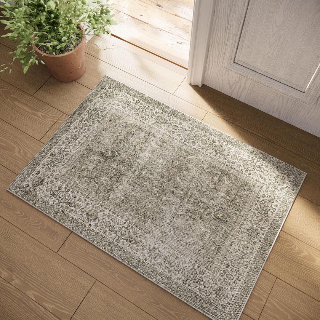 Machine Washable Small Rugs for Kitchen: Door Mat Indoor Entrance 2x3 Throw Rug Stain Resistant Non-Slip Low Pile Soft Carpets for Entryway Front Door Indoor Entrance Entry Bedroom (Vintage Grey Beige)