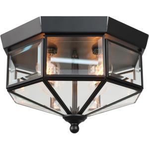 Flush Mount Outdoor Ceiling Light Fixture, 4 Light Exterior Porch Ceiling Lights with Clear Glass, Black Farmhouse Lighting for Indoor Hallway Kitchen Stairway (E12 Base)