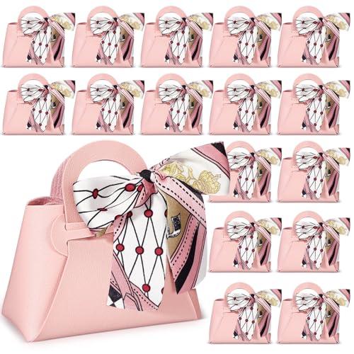 Abbylike 18 Pcs PU Leather Purse Gift Bags with Handles Ribbon Wedding Purse Party Favor Candy Boxes Treat Goodie Bag for Birthday Bridal Baby Showers Party (Pink)