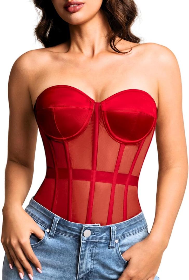 Kaei&Shi Sheer Mesh Overbust Corset, Sexy Strapless Lace Up Satin Bra Corsets Top For Women Shapewear Red Large