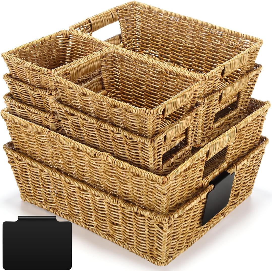 Marsui 9 Pcs Wicker Storage Baskets for Pantry Organization with Handle Labels Handwoven Multi-size Brown Small Organizer Baskets Storage Bins Container for Shelves Closet Toilet Christmas Holiday (Primary Colour)