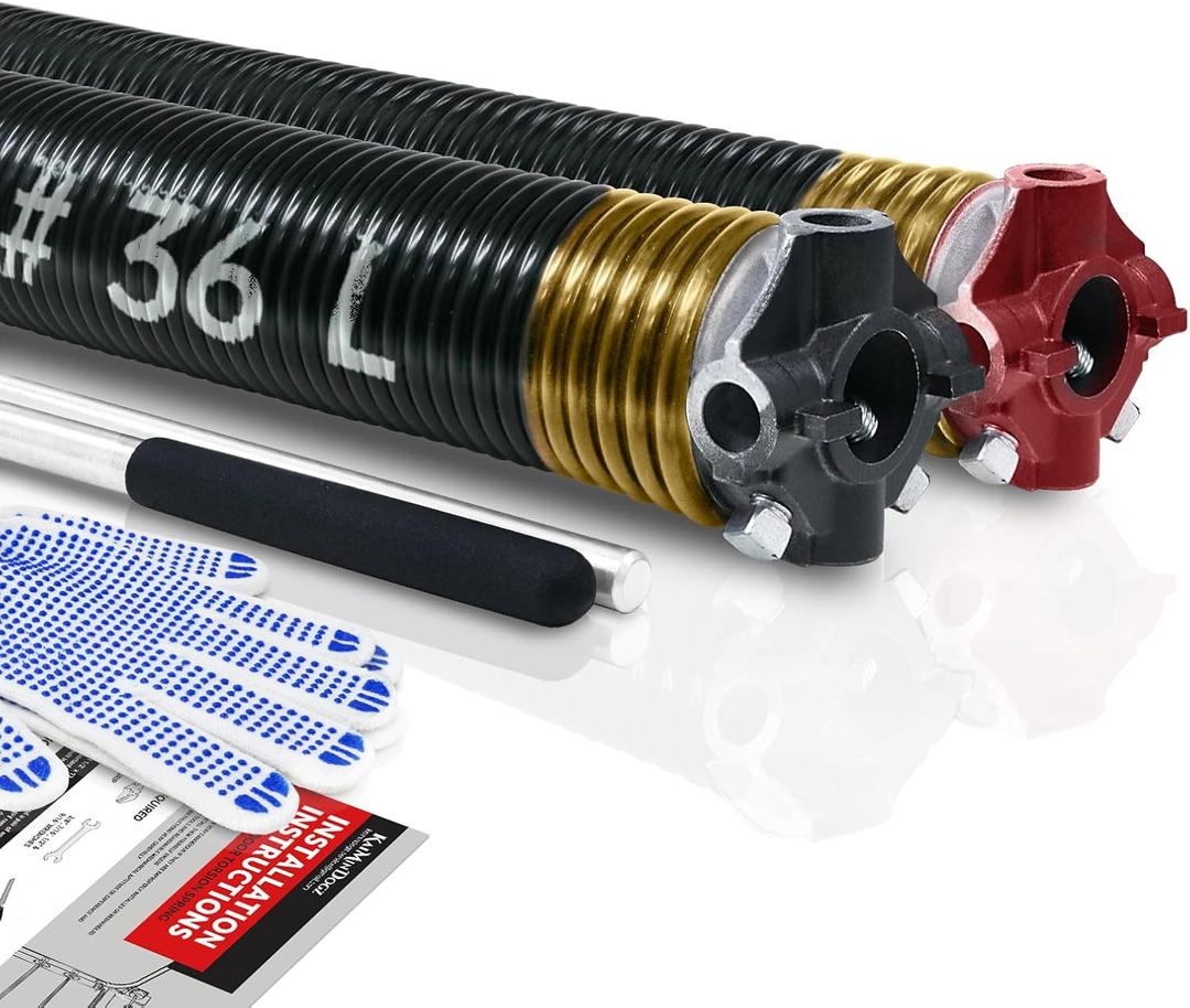 Pair of 2" Garage Door Torsion Springs Set with Non-Slip Winding Bar & Gloves,High Precision Electrophoresis Black Coated, for Replacement & Installation, MIN 16,000 Cycles (0.250x2''x36'')