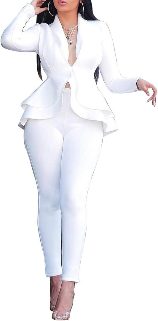 Salimdy Sexy 2 Piece Outfits for Women Long Sleeve Solid Blazer with Pants Casual Elegant Business Suit Sets White 2XL