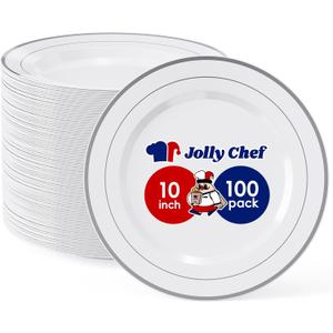 JOLLY CHEF 100 Pieces Silver Plastic Plates, 10 Inch Disposable Plates White Plate with Silver Rim, Heavy Duty Plastic Plates for Christmas, Birthdays and Weddings