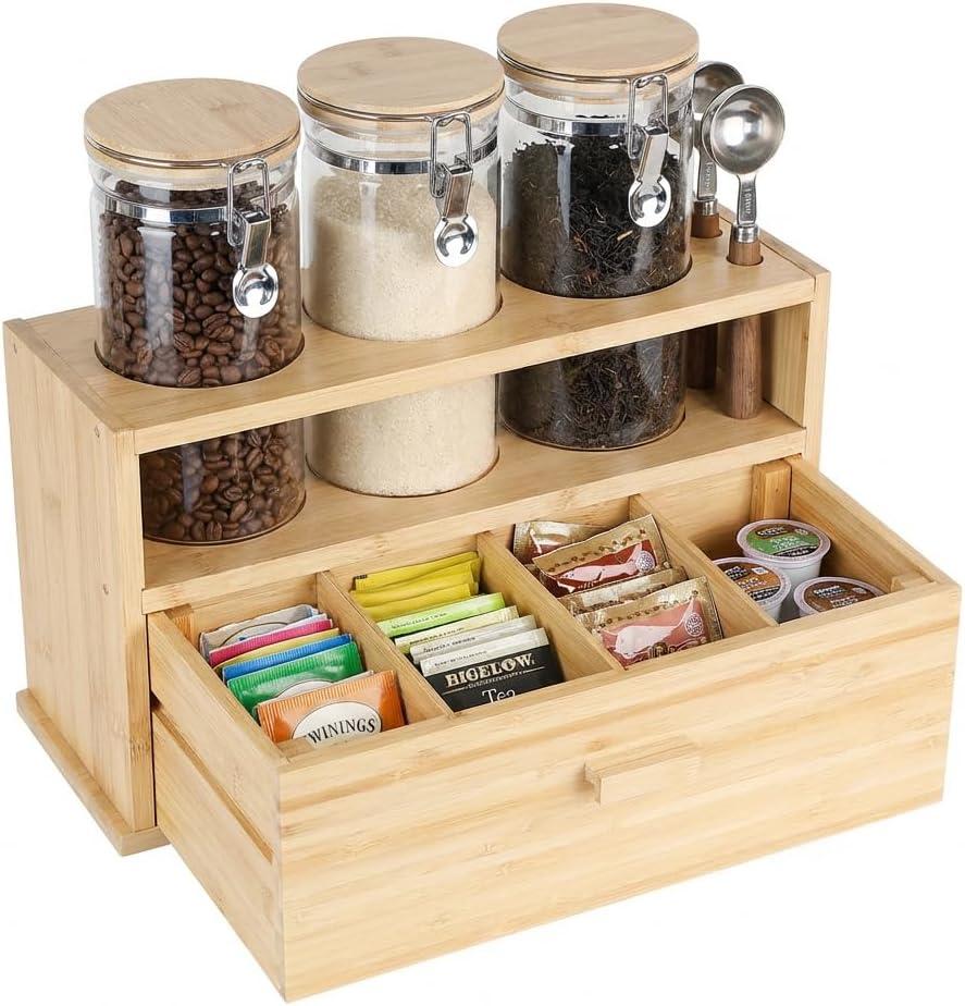 Coffee Tea Bar Organizer for Countertop, Wooden Coffee Station Organizer with 3 Airtight Glass 40 oz Jars & Drawer, Complete Coffee Tea Sugar Container Set for a Tidy Kitchen Counter