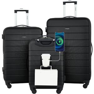 Wrangler Smart Luggage Set with Cup Holder and USB Port, Black, 3 Piece Set