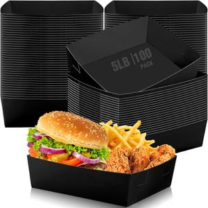 Mifoci 100 Pcs Paper Food Tray 5 lb Large Nacho Boats Paper Serving Snack Trays for 2025 Congrats Grad Party Carnival Festival Birthday Family Gathering Supplies(Black)