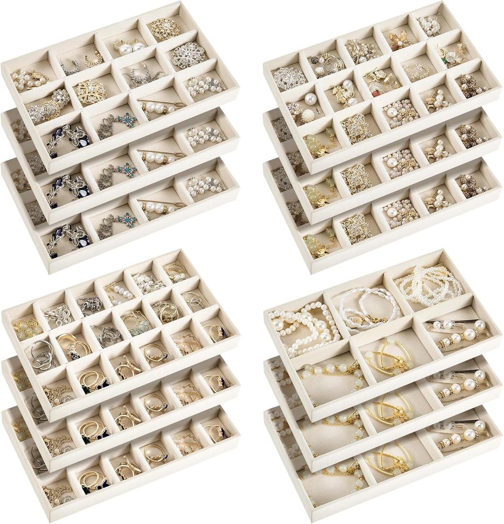 Junkin 12 Pcs Jewelry Tray Velvet Stackable Jewelry Organizer Trays Divided Earring Accessories Storage Containers Box (Rose Red) (Beige)