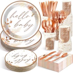 Dandat 350 Pcs Baby Shower Plates Set Baby Shower Party Supplies Serves 50 Tableware Sets Include Plates Napkin Cup Forks Knives Spoons Disposable Dinnerware(Boho Pampas Grass,Brown)