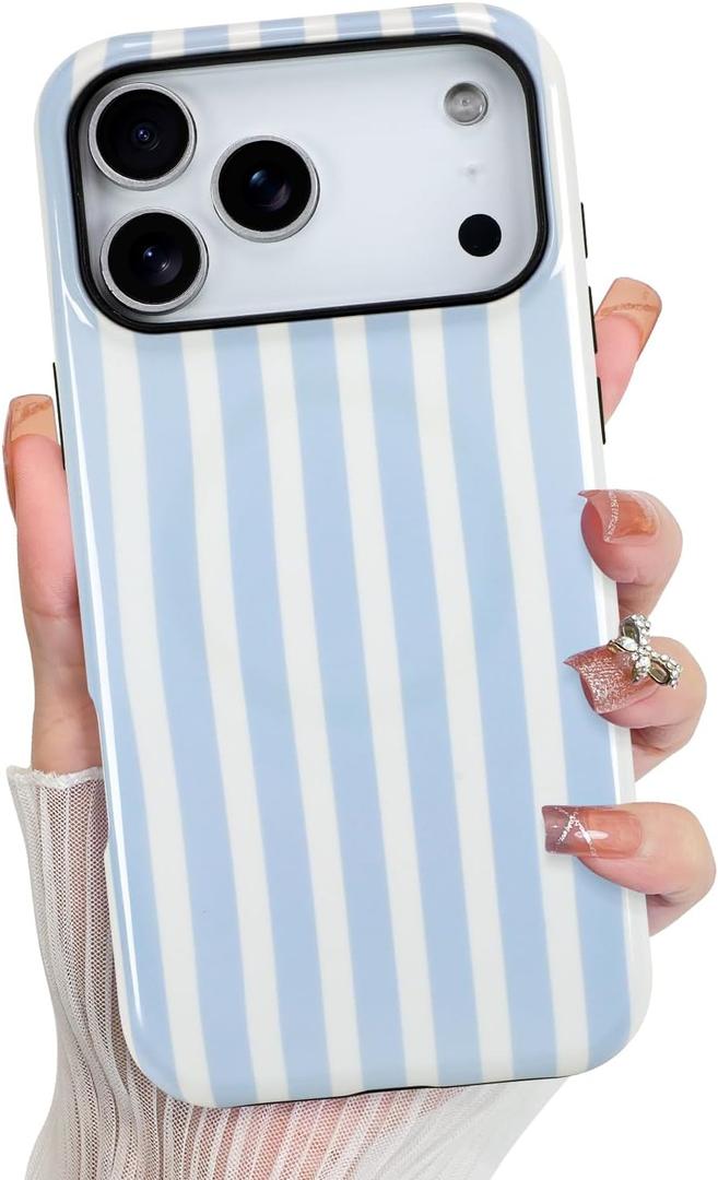 KANGHAR Compatible with iPhone 17 Pro Case 2025, Aesthetic Stripes Cute Pattern, Support for MagSafe Shockproof Cover for Girls Women -Blue