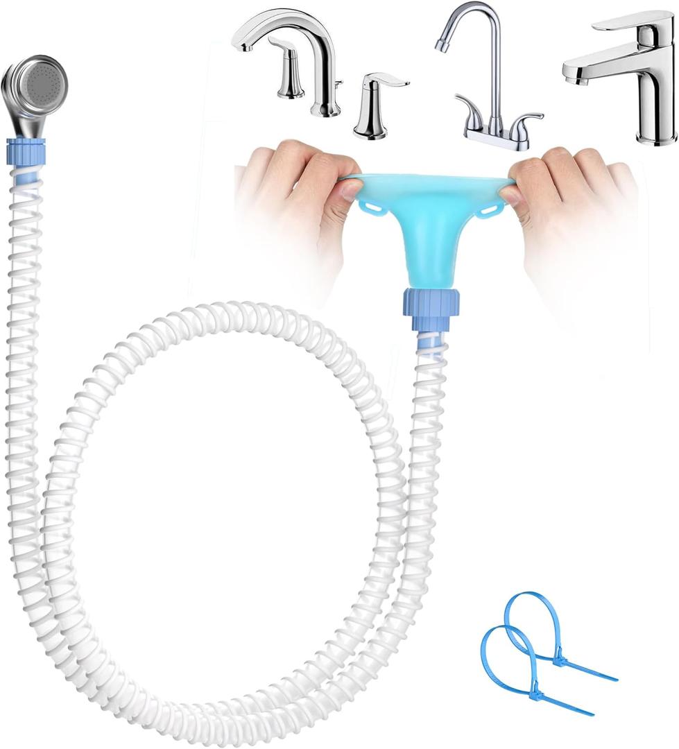 Slip-On Dog Shower Attachment for Bathtub Faucet, Ear-Tab Zip-Tie Connector, Handheld Sprayer Head, 5 ft Hose, Fits Spouts up to 3 in