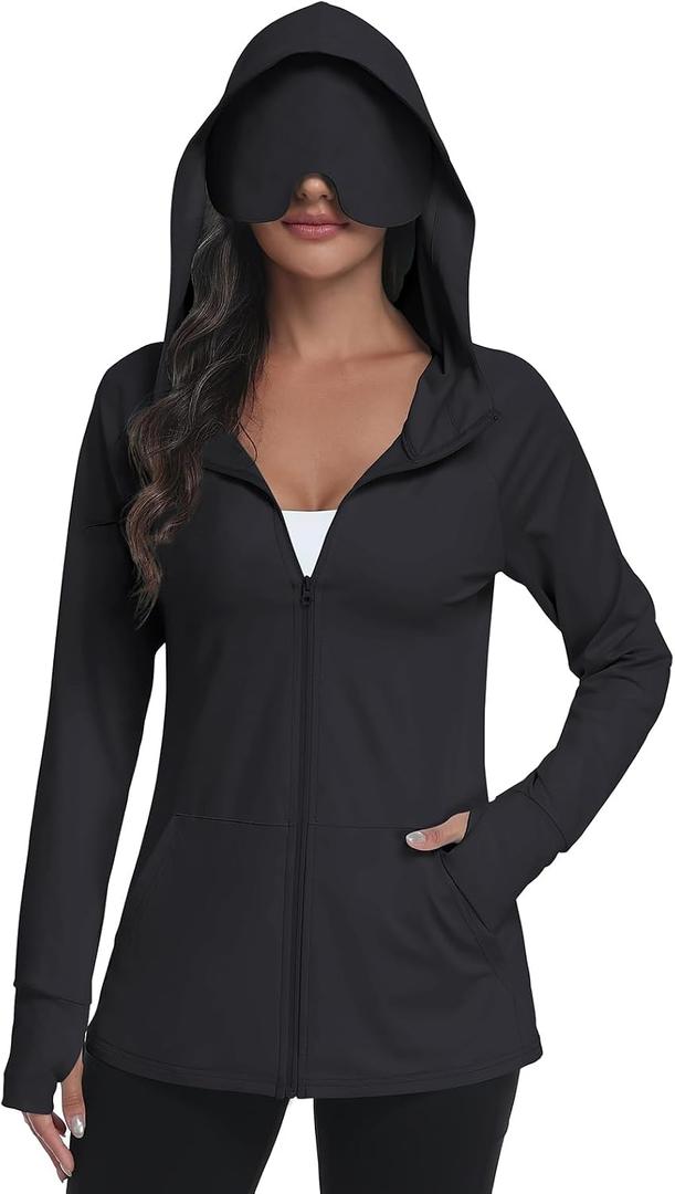 SeSe Code UPF 50+ Hoodie With Eye Mask Womens Zip Up Travel Jackets Lightweight Sleep Sun Protection Shirts Pockets Outdoor (Black, L)