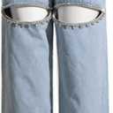 Cut Out Jeans for Women Straight Leg High Waisted Ripped Rhinestone Pearl Beaded Denim Pants (X-Large, Light Blue)