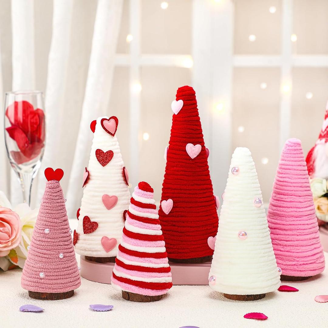 Giegxin 6 Pcs Valentine's Day Cone Tree Table Decorations, 3 Size Mini Tabletop Trees Valentine's Heart Style Pink Red White Yarn Decorations for Table Holiday Party Wedding Home Decor Gift for Her