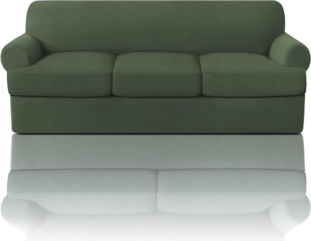 PrinceDeco T Cushion Sofa Slipcover 4 Pieces Sofa Covers for T Cushion Couch Soft Sofa Slip Covers Furniture Protector with 3 Individual T Shape Seat Covers(72"-90"), Bronze Green
