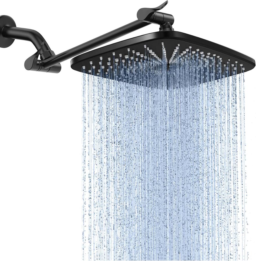Veken Rain Shower Head,11.8 Inch Large Rainfall Showerhead, Adjustable Stainless Steel Extension Arm, Detachable High Flow Rain Fall Showerheads with Anti-Clog Nozzles, Matte Black